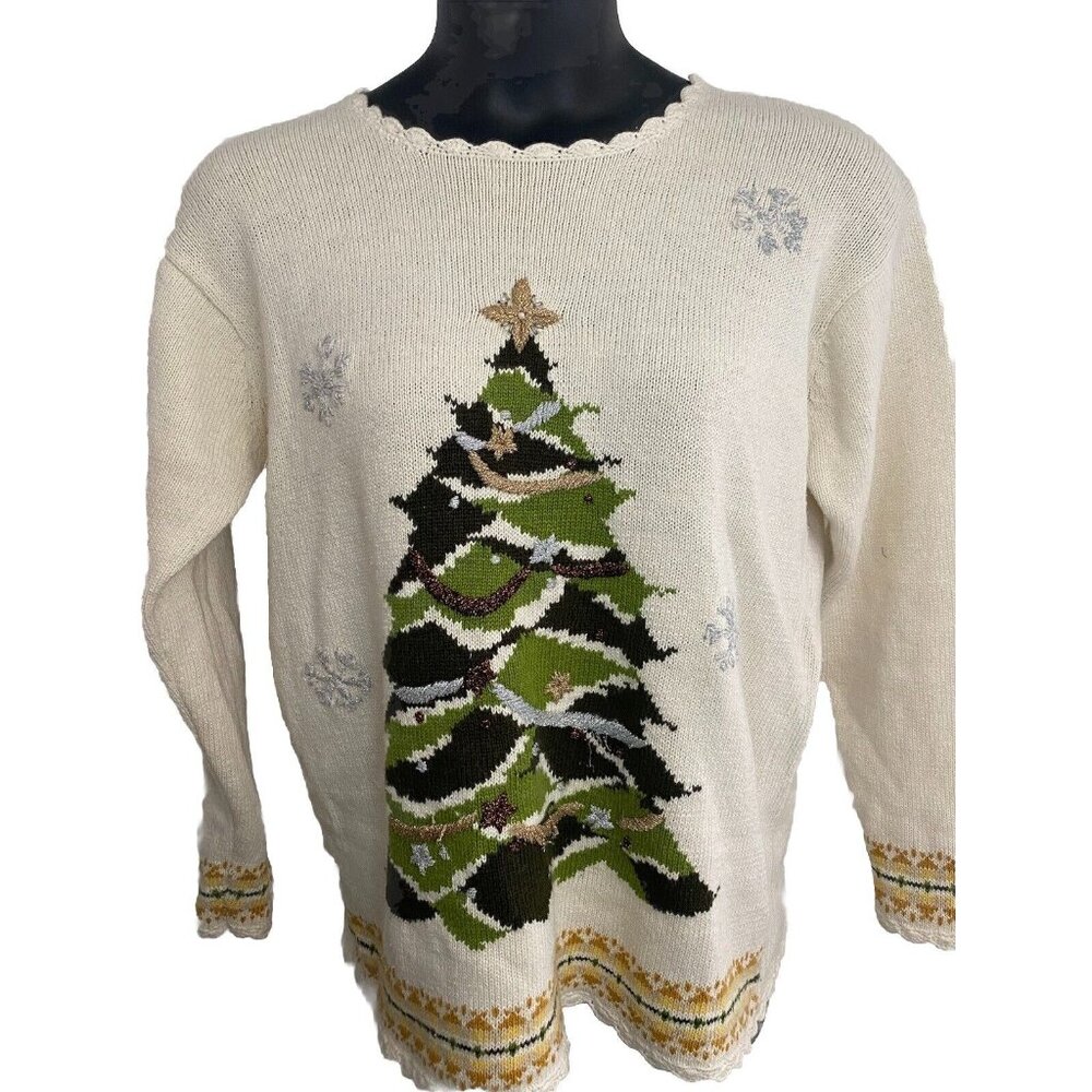 Style Studio Cream Size Medium Sweater Christmas Tree Metallic Thread Scallop He
